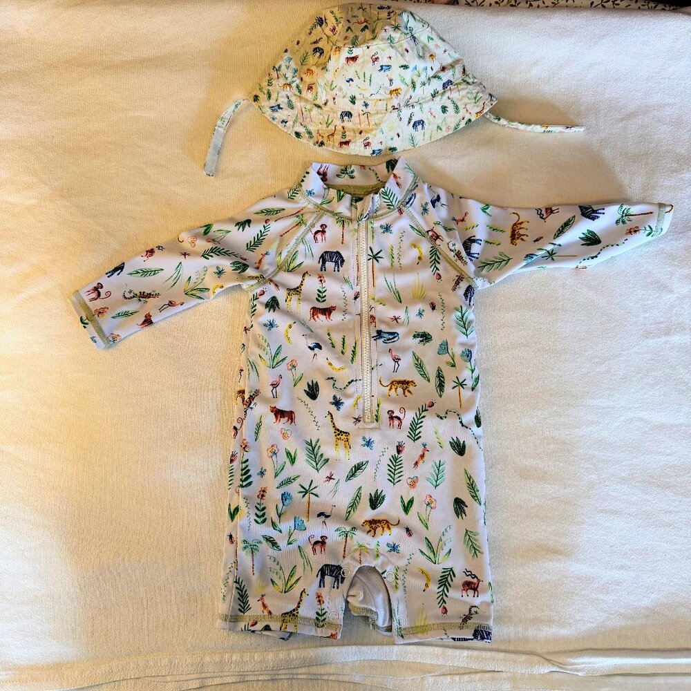 Janie & Jack Baby Recycled Safari Rash Guard Swimsuit and Toile Bucket Hat 6-12m